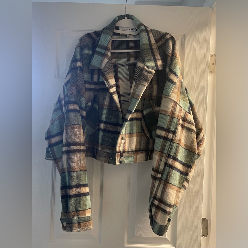Fashion Nova Cropped Plaid Jacket - Green and Brown